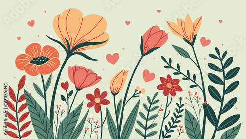 cute romantic wildflower garden illustration with colorful blooms hearts and botanical foliage in flat design style on soft cream background for valentines and nature themed design