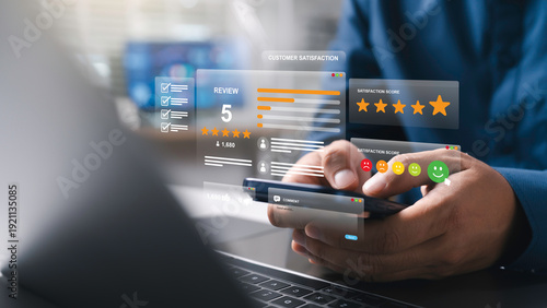 Online customer satisfaction survey service concept. User give Rate service from experience. Consumer give Stars, comment and feedback review for quality, Business reputation ranking from buyers