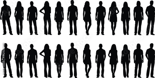 Set of diverse people silhouettes in two rows including men and women in casual clothing and professional poses for social group vector design.
