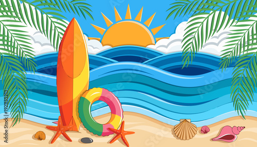 colorful summer beach paper cut art scene with surfboard swim ring palm trees waves and seashells on sandy shore
