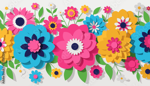 colorful paper cut spring flowers seamless border arrangement with leaves on white background for celebration decoration