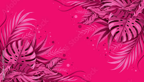 vibrant magenta pink tropical leaves and monstera foliage decorative background with copy space for text