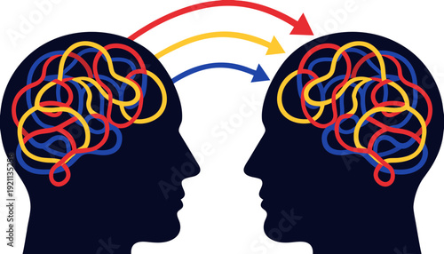 two human head silhouettes with colorful brain connection arrows representing knowledge transfer and mind communication concept