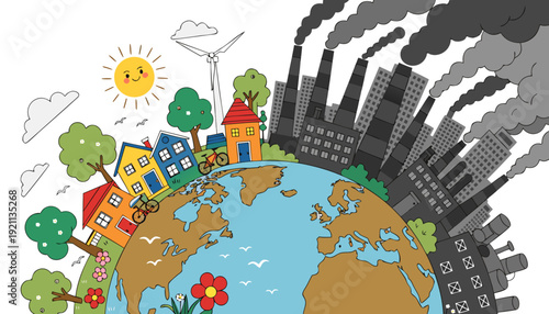 flat cartoon earth split illustration contrasting clean green renewable energy city with dark polluted industrial factory landscape for environmental awareness and climate change education design