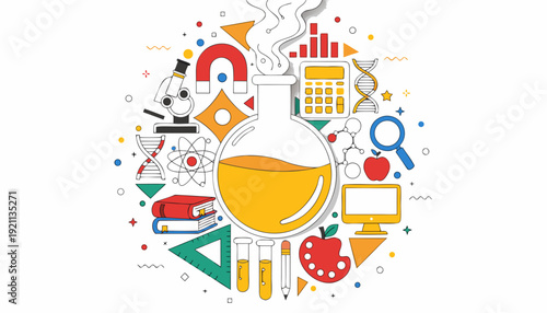vibrant circular flat style education and science icon composition with laboratory flask microscope dna calculator and school symbols for stem learning and academic branding design
