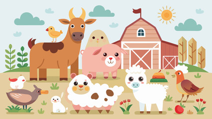 Fototapete Bauernhof cute cartoon farm animals barnyard scene flat vector illustration design  © Aminul