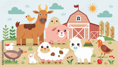 cute cartoon farm animals barnyard scene flat vector illustration design