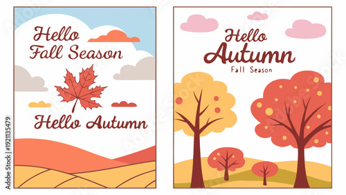 hello autumn fall season greeting card set flat vector illustration design