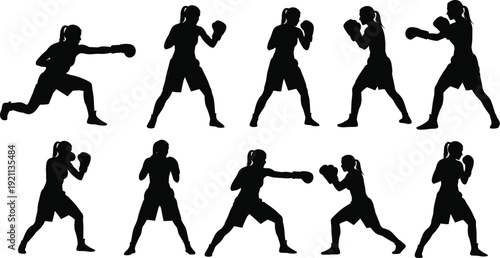 Set of female boxer silhouettes in various fighting poses including punching, guarding, and lunging for sports fitness and martial arts design.