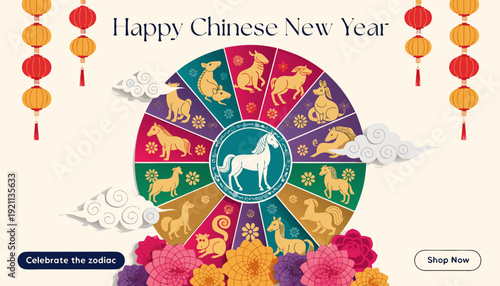 happy chinese new year zodiac wheel greeting banner vector design 