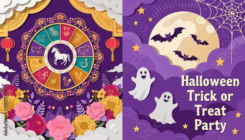 chinese zodiac wheel and halloween trick or treat party banner vector set and illustration design.