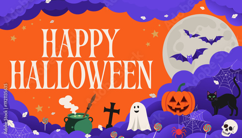 happy halloween festive flat vector banner with classic spooky characters design