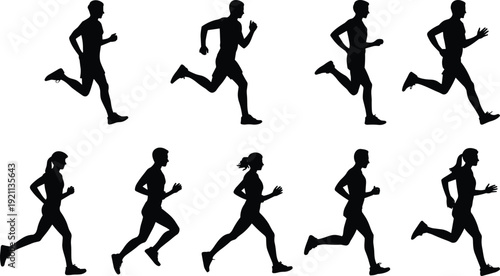 Collection of running men and women silhouettes in dynamic jogging poses isolated on white background, fitness training and sport activity concept set
