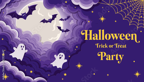 halloween trick or treat party night sky paper cut banner vector and illustration design