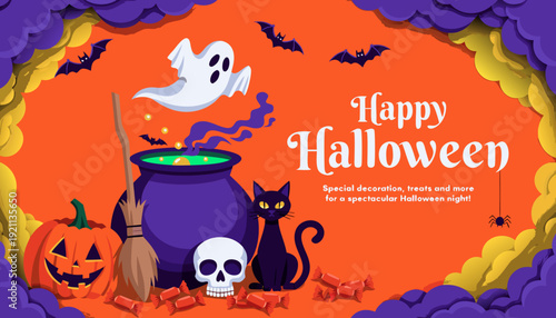 happy halloween paper cut style banner with ghost pumpkin cat vector design