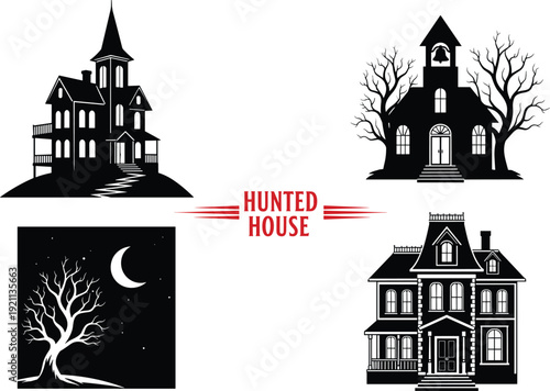 Set of haunted house silhouettes, spooky Victorian mansions, creepy cemetery church, and dead trees under moon for Halloween horror design projects.