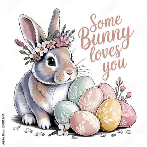 Happy Easter, wish card, and T-shirt design. 