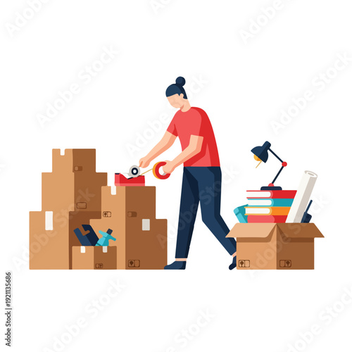 Flat vector illustration of a man packing household items into cardboard moving boxes. Stacked boxes with books, desk lamp, rolled posters, and home decor items. Modern minimalist style