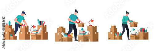 Flat vector illustration set of a man packing household items into cardboard moving boxes. Stacked boxes with books, desk lamp, rolled posters, and home decor items. Modern minimalist style