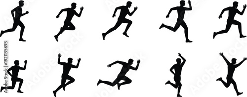 Collection of male runner silhouettes in dynamic sprinting and jumping poses isolated on white background, sport training and fitness concept set
