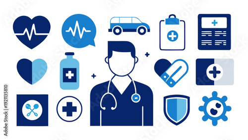 flat vector medical healthcare icon set with doctor stethoscope heartbeat ambulance medicine and health shield in blue and white for hospital app and clinic branding