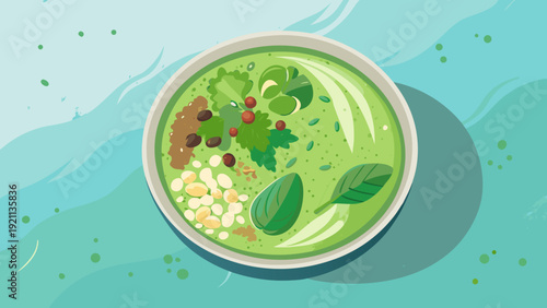 top view green smoothie bowl with spinach seeds berries and herbs flat vector illustration on teal background for healthy food and wellness.
