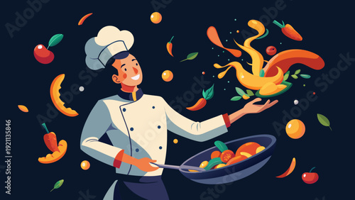smiling chef tossing colorful vegetables in flaming pan flat vector illustration on dark background