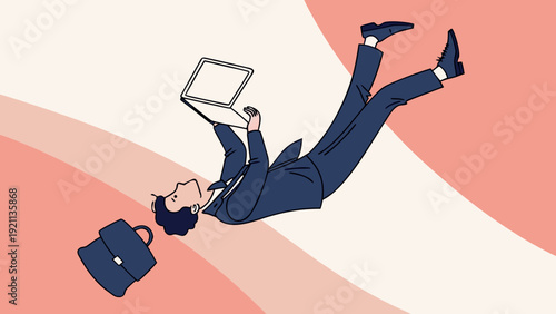 modern flat vector illustration of a businessman falling in mid-air with laptop and briefcase on abstract pastel pink background.