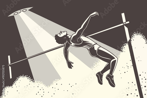 vintage retro illustration of male athlete pole vaulting over crossbar with dramatic spotlight on dark brown background.