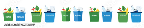 Flat vector illustration set of two recycling bins labeled organic and inorganic waste. Green bin with fruit scraps and blue bin with plastic bottle