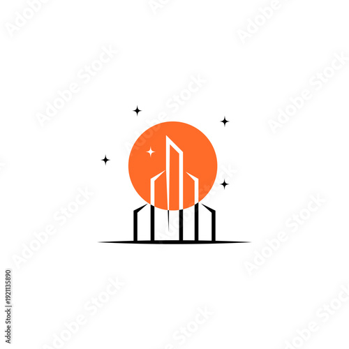 Skyscraper building logo with full moon and stars in flat vector design style
