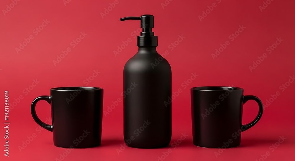 Obraz premium Minimalist Black Soap Dispenser and Mugs on Red Background.