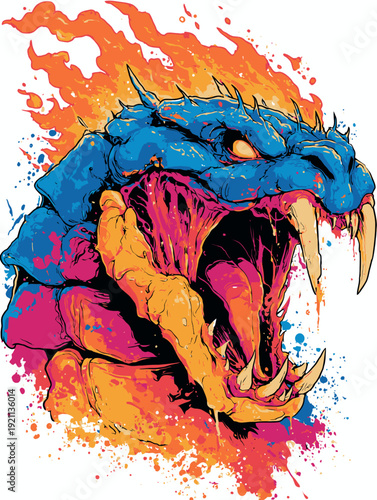 Aggressive Great Monster with Fire Breathing Out of Mouth