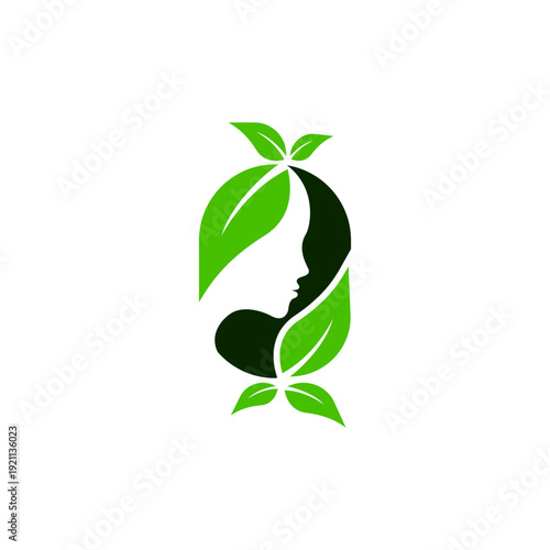 Natural female beauty logo with green leaf ornament in flat design style