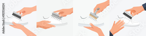 A flat vector illustration of a person brushing shoes with a shoe brush, simple modern style, clean lines, soft pastel colors, minimal background, smooth shading.