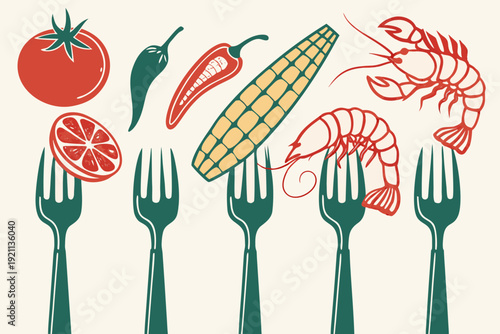 bold retro flat design illustration of colorful food items including tomato chili corn shrimp and citrus balanced on dark teal forks representing fresh mediterranean seafood cuisine and restaurant men