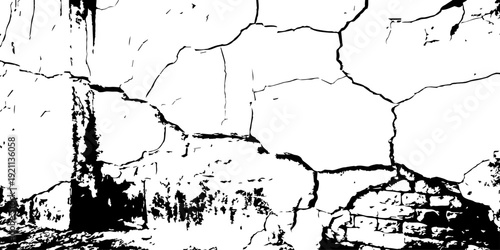 Textured cracked plaster wall with chipped bottom line, high contrast black and white distressed surface pattern.