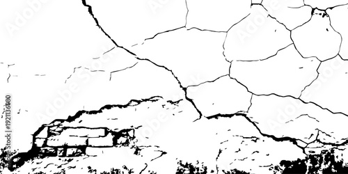 Damaged wall surface showing layered plaster break and spreading cracks, monochrome abstract industrial design.