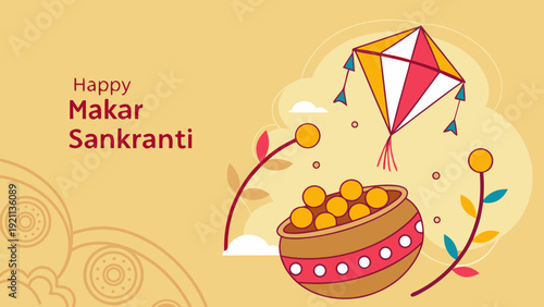 warm festive flat design illustration of happy makar sankranti with colorful kite til ladoo sweets clay pot and floral elements on golden yellow background celebrating indian harvest festival