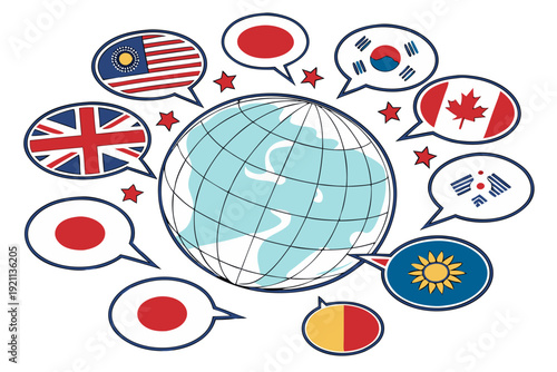 colorful globe surrounded by speech bubbles with international flags representing multilingual communication global language diversity and cultural exchange illustration