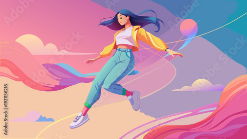 vibrant digital illustration of a young woman floating freely in colorful abstract sky with flowing pink and purple waves representing freedom and optimism