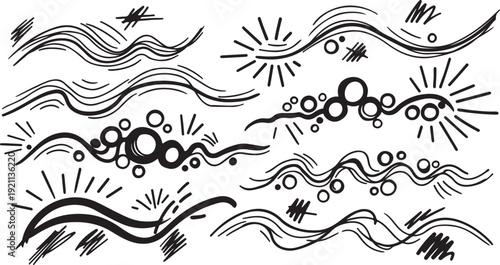 Abstract doodle elements in black and white minimalist style with dynamic lines and circles for graphic design