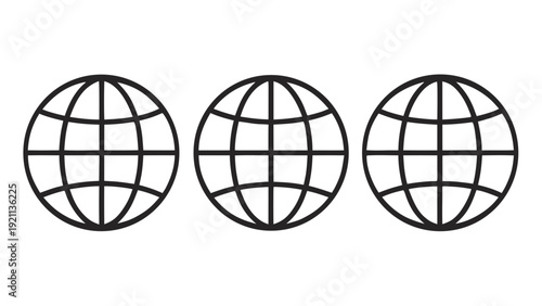 three minimalist black outline globe icons set representing global connectivity internet travel and worldwide communication on white background