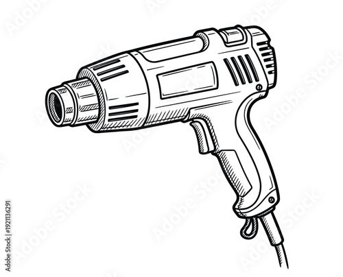 Illustration of a heat gun with a detailed hand-drawn style. The tool has a nozzle, a curved handle, and vents, conveying a technical, industrial tone.