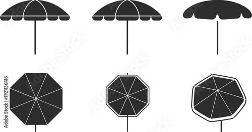 Six beach umbrella silhouette vector illustrations with side and top views, geometric canopy designs perfect for summer, vacation, outdoor, and decorative themes