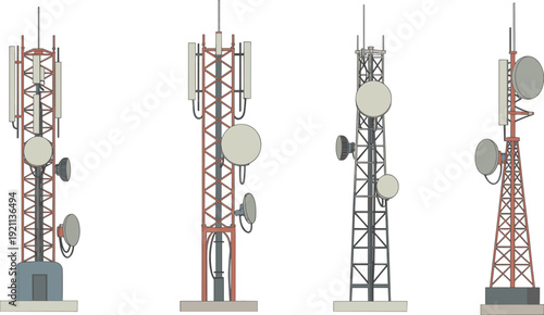 Set of telecommunication tower icons with 5G cellular antennas and satellite dish equipment isolated on white background for industrial wireless network technology