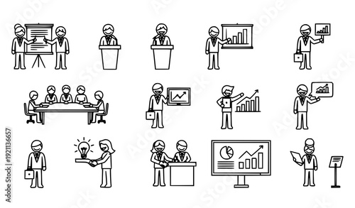 Business Presentation Stick Figure Icons Set with Professional Meeting and Seminar Scenarios