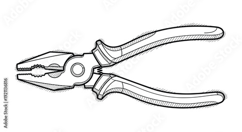 Illustration of pliers in black and white, showing detailed texture and shading. The tool has a firm grip and sharp jaws, conveying a practical tone.