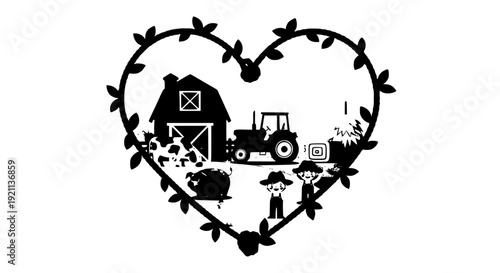 Cute Countryside Heart Frame with Barn Cow Tractor and Farmers Rural Market Vector Illustration