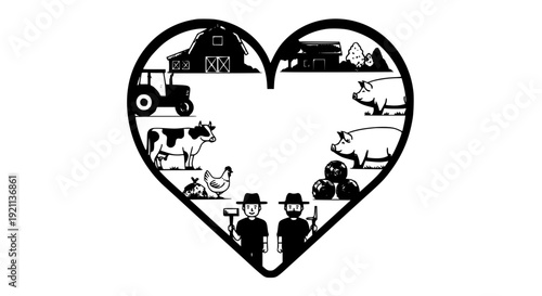Rural Farm Heart Frame with Farmers Barn Tractor and Animals Country Market Card Vector Design